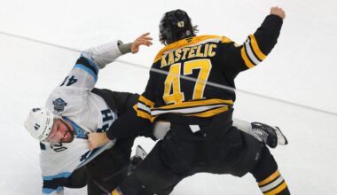 Boston Bruins center Mark Kastelic (47) battles Utah’s Robert Bortuzzo in the 2nd period.
