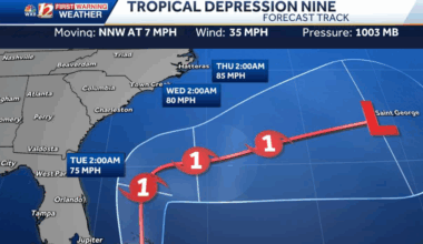 T.D. Nine may become Imelda later today, big impacts at the beach