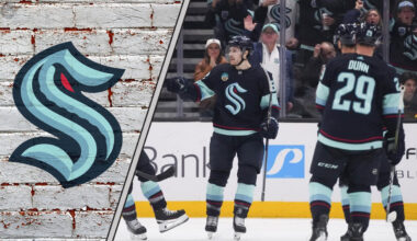 A close-up shot of Seattle Kraken players celebrating a goal as they look forward to the 2025-26 NHL season