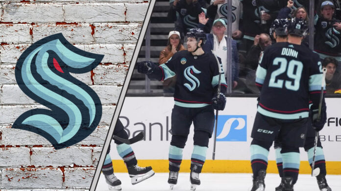 A close-up shot of Seattle Kraken players celebrating a goal as they look forward to the 2025-26 NHL season