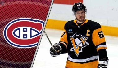 Image showing Sidney Crosby in a Penguins jersey looking towards a Montreal Canadiens logo, symbolizing a potential trade.