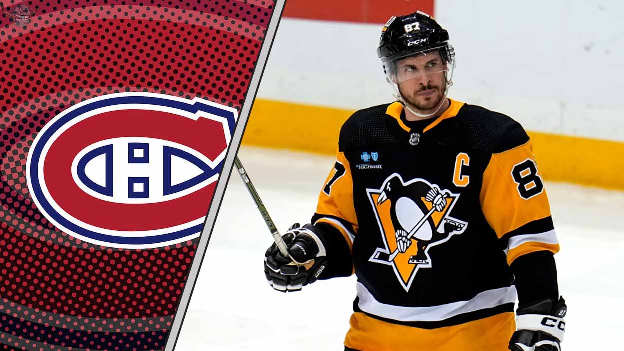 Image showing Sidney Crosby in a Penguins jersey looking towards a Montreal Canadiens logo, symbolizing a potential trade.