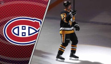 An image of Sidney Crosby in a Pittsburgh Penguins jersey waving to the Pittsburgh Penguins fans with the Montreal Canadiens logo in the background.