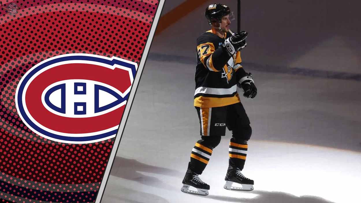 An image of Sidney Crosby in a Pittsburgh Penguins jersey waving to the Pittsburgh Penguins fans with the Montreal Canadiens logo in the background.