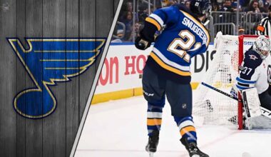 An image of the St. Louis Blues logo with action shot of top prospect Jimmy Snuggerud