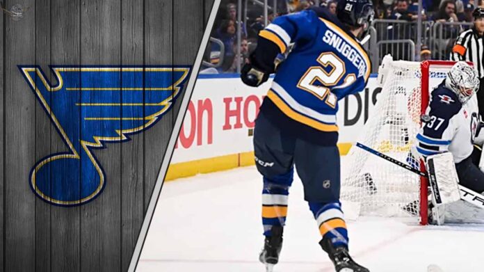 An image of the St. Louis Blues logo with action shot of top prospect Jimmy Snuggerud