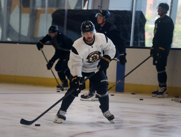 Newcomer Viktor Arvidsson takes a shot during captains' practice Tuesday. (Nancy Lane/Boston Herald)