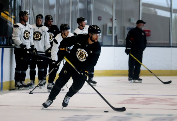 Forward Pavel Zacha skates at Warrior Ice Arena on Tuesday during a Bruins' captains' practice. (Nancy Lane/Boston Herald)