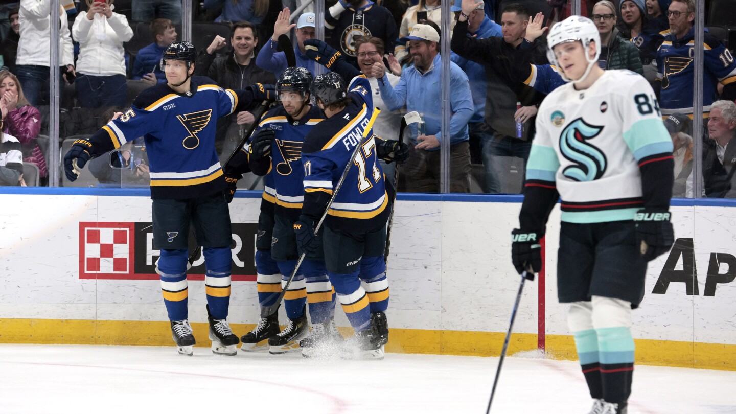 Zack Bolduc scores twice as the Blues beat the Kraken 7-2