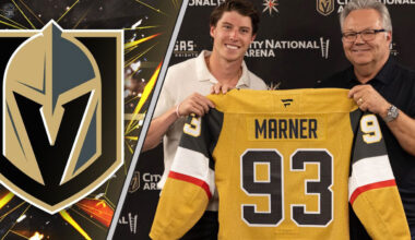 An image of Mitch Marner holding a Vegas Golden Knights jersey