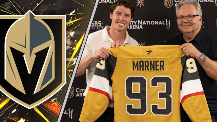 An image of Mitch Marner holding a Vegas Golden Knights jersey