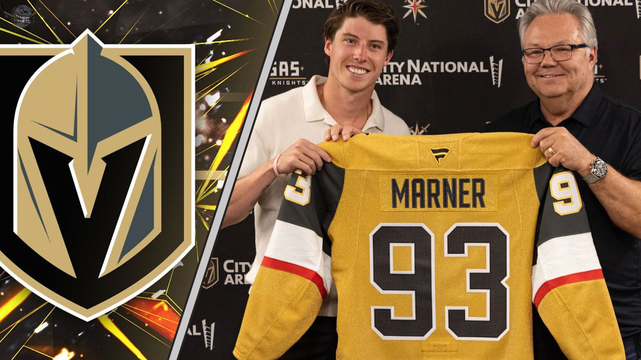 An image of Mitch Marner holding a Vegas Golden Knights jersey