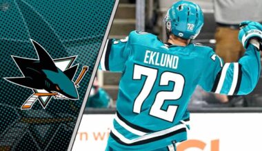 San Jose Sharks forward William Eklund celebrates a goal during a 2025-26 season preview, highlighting our fantasy point projections.