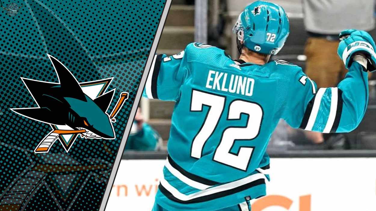 San Jose Sharks forward William Eklund celebrates a goal during a 2025-26 season preview, highlighting our fantasy point projections.