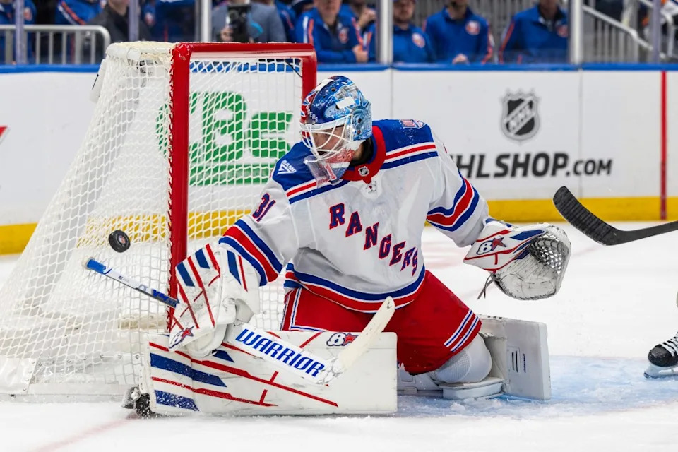 Rangers goaltender Igor Shesterkin (31) blocks a puck during the first period against the New York Islanders. Corey Sipkin for the NY POST