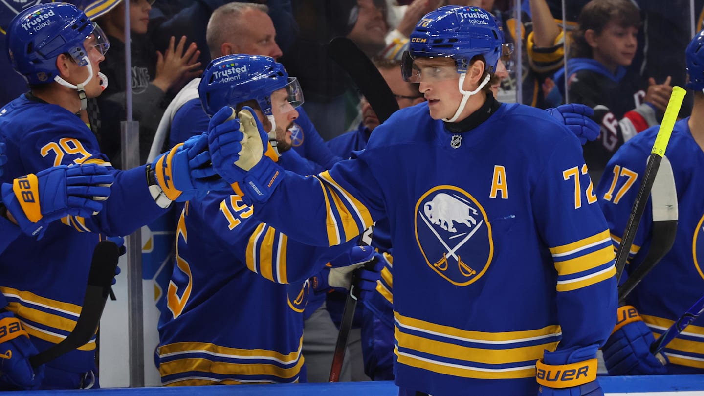 Oct 13, 2025; Buffalo, New York, USA;  Buffalo Sabres center Tage Thompson (72) celebrates his goal with teammates during the first period against the Colorado Avalanche at KeyBank Center. Mandatory Credit: Timothy T. Ludwig-Imagn Images