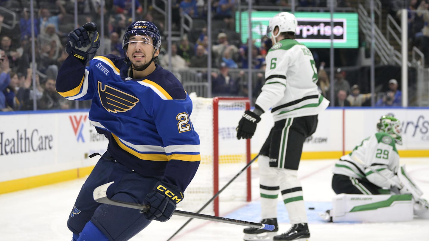 Oct 18, 2025; St. Louis, Missouri, USA; St. Louis Blues right wing Jordan Kyrou (25) reacts after scoring against the Dallas Stars during the second period at Enterprise Center. Mandatory Credit: Jeff Le-Imagn Images