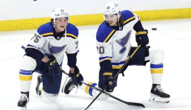 Apr 7, 2025; Winnipeg, Manitoba, CAN; St. Louis Blues defenseman Tyler Tucker (75) and St. Louis Blues center Oskar Sundqvist (70) talk before a game against the Winnipeg Jets at Canada Life Centre. Mandatory Credit: James Carey Lauder-Imagn Images