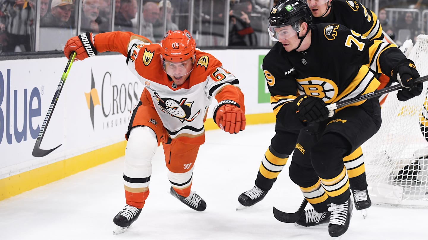 Oct 23, 2025; Boston, Massachusetts, USA; Anaheim Ducks center Mikael Granlund (64) and Boston Bruins defenseman Michale Callahan (79) battle for the puck during the second period at TD Garden. Mandatory Credit: Bob DeChiara-Imagn Images