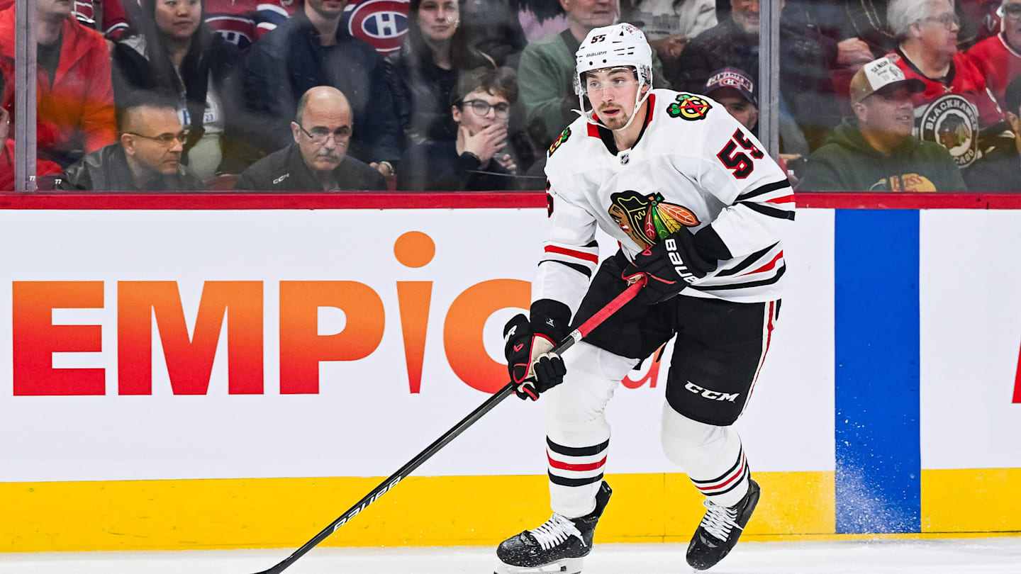 Apr 14, 2025; Montreal, Quebec, CAN; Chicago Blackhawks defenseman Artyom Levshunov (55) plays the puck against the Montreal Canadiens in the first period at Bell Centre. Mandatory Credit: David Kirouac-Imagn Images