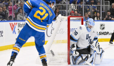 Oct 23, 2025; St. Louis, Missouri, USA; Utah Mammoth goaltender Karel Vejmelka (70) defends the net against a shot by St. Louis Blues right wing Jimmy Snuggerud (21) during the second period at Enterprise Center. Mandatory Credit: Jeff Curry-Imagn Images