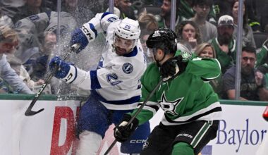 Mar 20, 2025; Dallas, Texas, USA; Dallas Stars defenseman Ilya Lyubushkin (46) and Tampa Bay Lightning left wing Nick Paul (20) battle for control of the puck during the third period at the American Airlines Center. Mandatory Credit: Jerome Miron-Imagn Images
