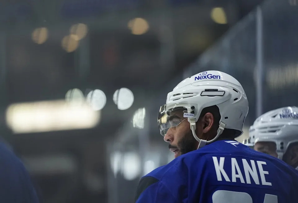 Vancouver Canucks' Evander Kane looks on during the opening day of the NHL hockey team's training camp, in Penticton, B.C., on Thursday, September 18, 2025.