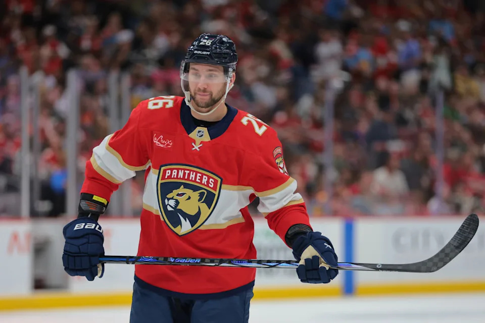 Florida Panthers defenseman Uvis Balinskis (26) looks on against the Edmonton Oilers during the first period at Amerant Bank Arena. Sam Navarro-Imagn ImagesSam Navarro-Imagn Images