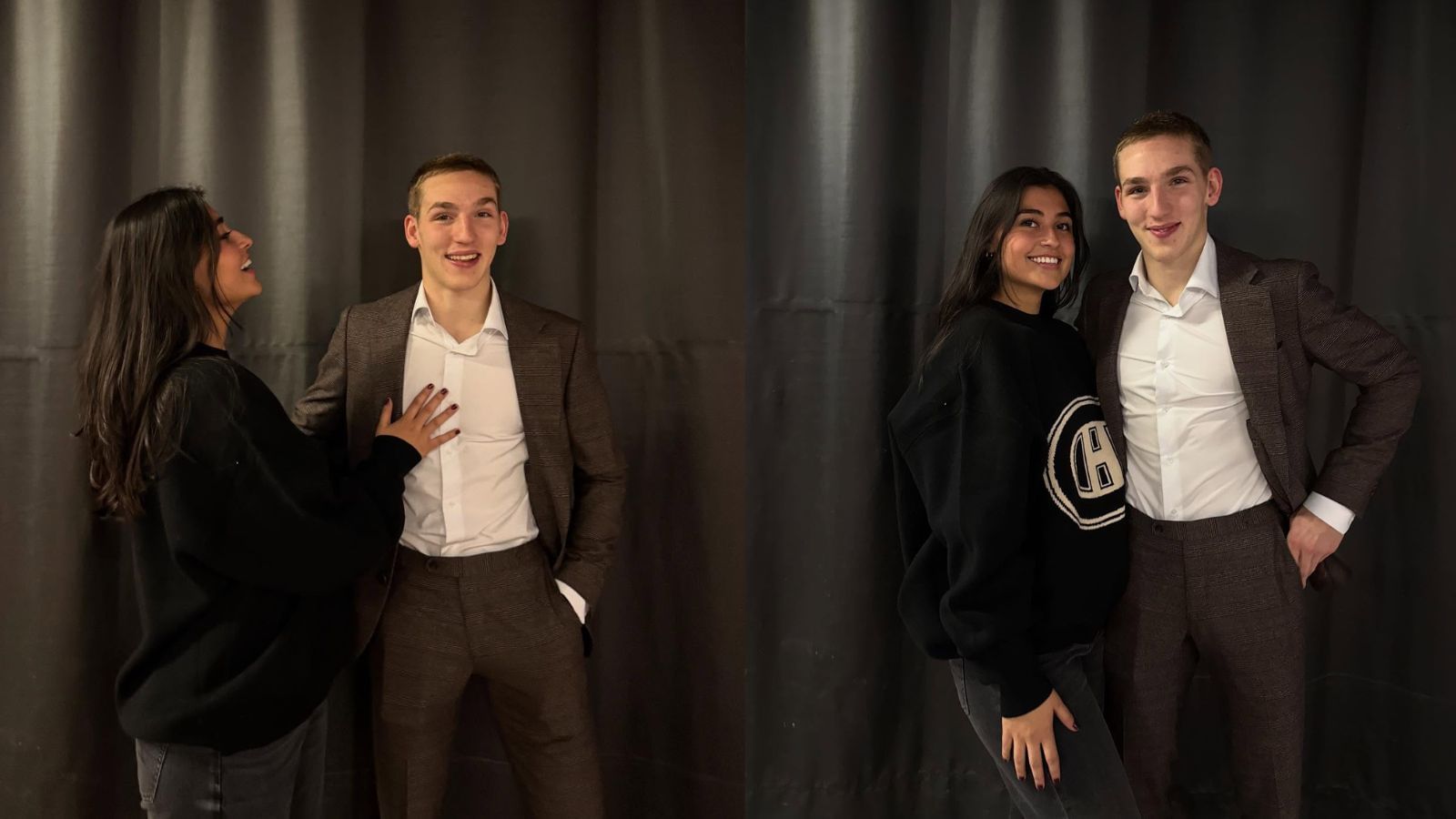 Lane Hutson and his girlfriend Kylie pose for candids after Canadiens vs Predators at Bell Centre