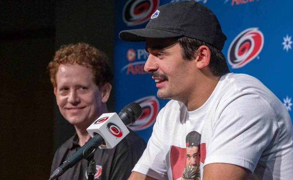 Carolina Hurricanes forward Seth Jarvis talks about his new eight-year, $63.2 million contract during a press briefing with General Manager Eric Tulsky on Wednesday, September 4, 2024 at PNC Arena in Raleigh, N.C.  