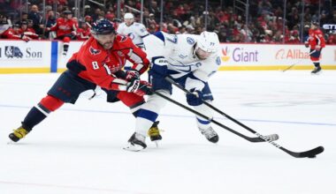 Washington Capitals left wing Alex Ovechkin (8) battles for the puck against Tampa Bay Lightning defenseman Victor Hedman (77) during the first period of an NHL hockey game, Tuesday, Oct. 14, 2025, in Washington. (AP Photo/Nick Wass)