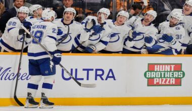 Tampa Bay Lightning center Zemgus Girgensons (28) celebrates his goal with teammates during the first period of an NHL hockey game against the Nashville Predators, Tuesday, Oct. 28, 2025, in Nashville, Tenn. (AP Photo/George Walker IV)
