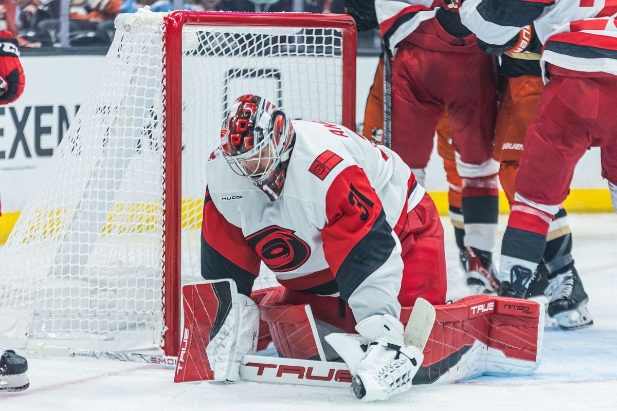 Carolina Hurricanes G Frederik Andersen (31) blocks the puck during an NHL game against the Anaheim Ducks on October 16, 2025 in Anaheim, CA.