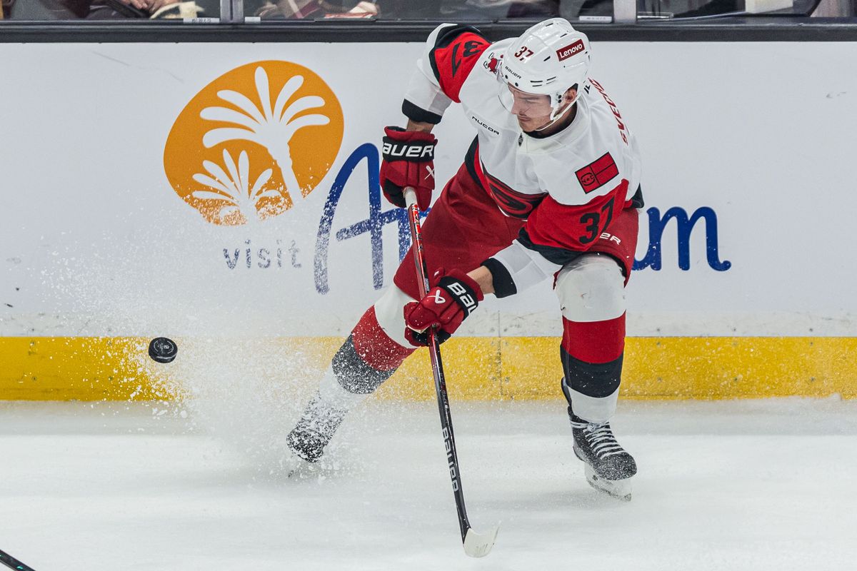 Carolina Hurricanes R Andrei Svechnikov (37) shoots the puck during an NHL game against the Anaheim Ducks on October 16, 2025 in Anaheim, CA.