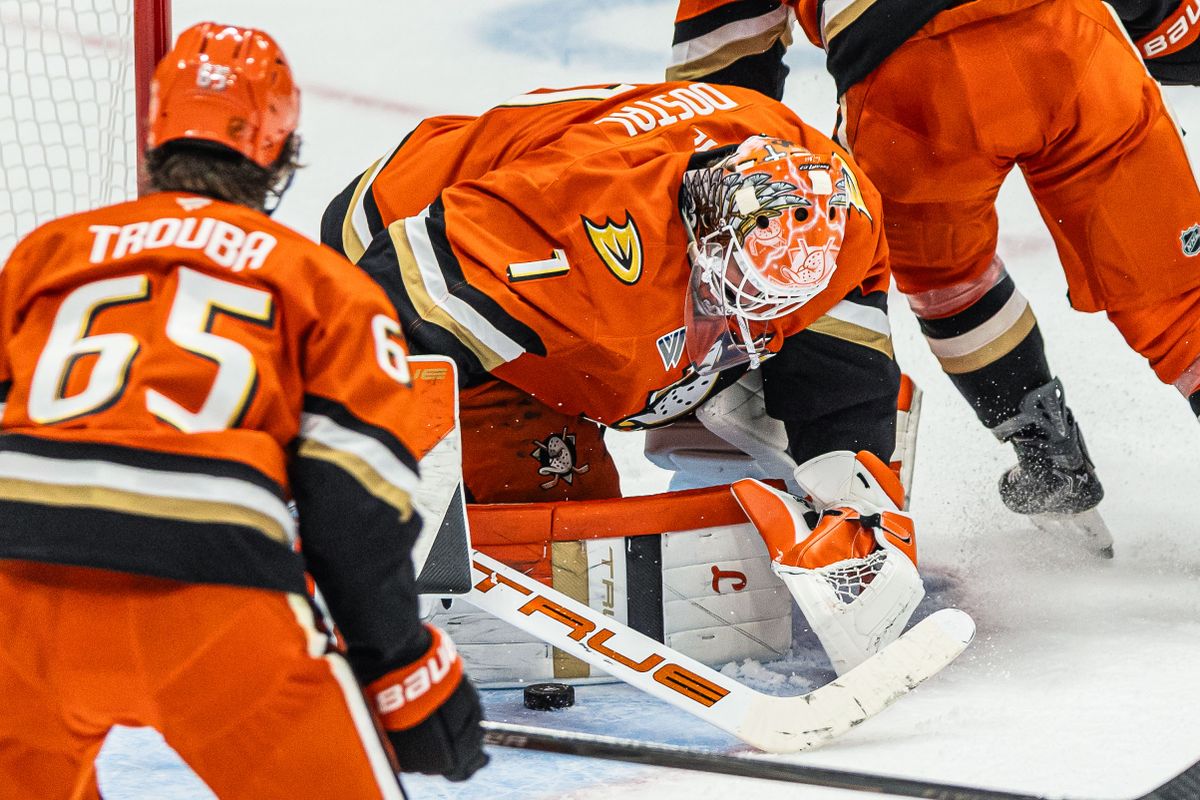 Anaheim Ducks G Lukas Dostal (1) blocks the puck during an NHL game against the Carolina Hurricanes on October 16, 2025 in Anaheim, CA.