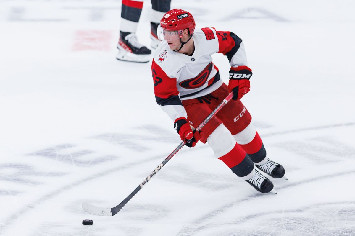 Carolina Hurricanes RW Jackson Blake (53) skates up with the puck during an NHL game against the Los Angeles Kings at the Crypto.com Arena on October 18, 2025 in Los Angeles, California.