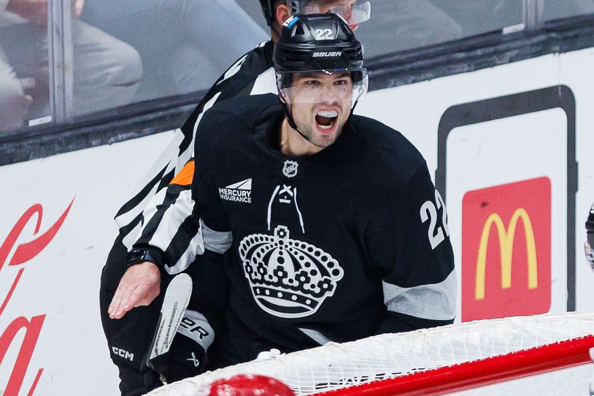 Los Angeles Kings LW Kevin Fiala (22) celebrates after a goal during an NHL game against the Carolina Hurricanes at the Crypto.com Arena on October 18, 2025 in Los Angeles, California.