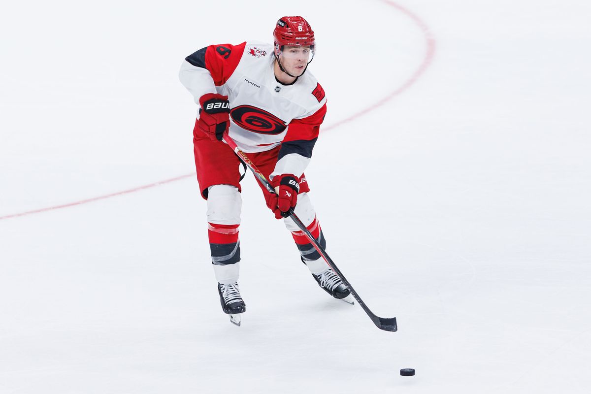 Carolina Hurricanes D Mike Reilley (6) skates up with the puck during an NHL game against the Los Angeles Kings at the Crypto.com Arena on October 18, 2025 in Los Angeles, California.