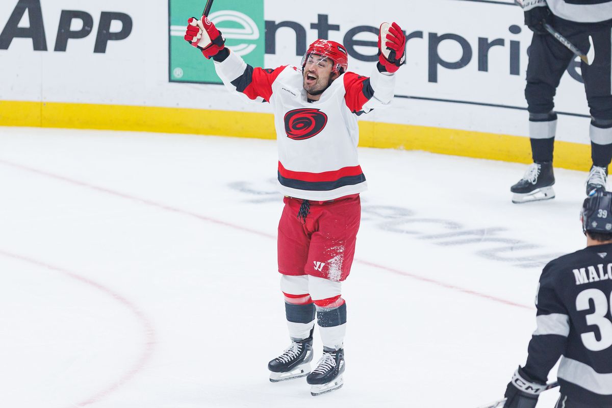 Carolina Hurricanes LW William Carrier (28) celebrates after a goal during an NHL game against the Los Angeles Kings at the Crypto.com Arena on October 18, 2025 in Los Angeles, California.