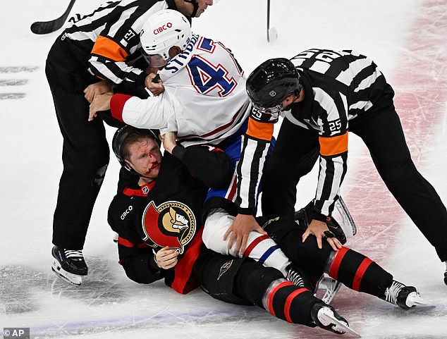 Arber and Florian Xhekaj were prominent in the fights with one player leaving the ice bloodied