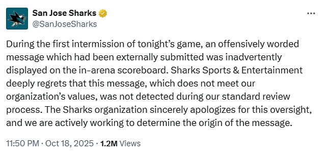 The Sharks responded with an apology after the 3-0 loss to the Pittsburgh Penguins