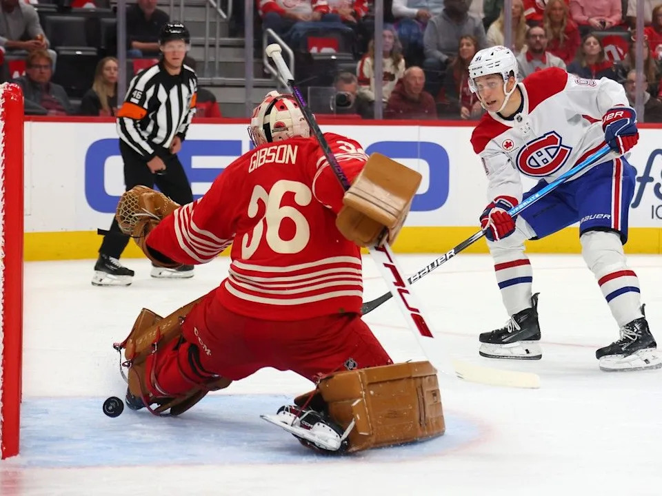  Oliver Kapanen #91 of the Montreal Canadiens scores a first-period goal past John Gibson #36 of the Detroit Red Wings at Little Caesars Arena on Oct. 9, 2025 in Detroit.