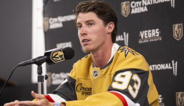 FILE - Golden Knights forward Mitch Marner speaks with the media during an NHL hockey news conference at City National Arena, Tuesday, July 1, 2025, in Las Vegas. (Chase Stevens/Las Vegas Review-Journal via AP)
