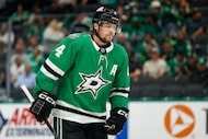 Dallas Stars defenseman Miro Heiskanen (4) skates during a timeout during the second period...