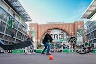 Fans play street hockey outside the arena before Game 1 of the NHL Western Conference finals...