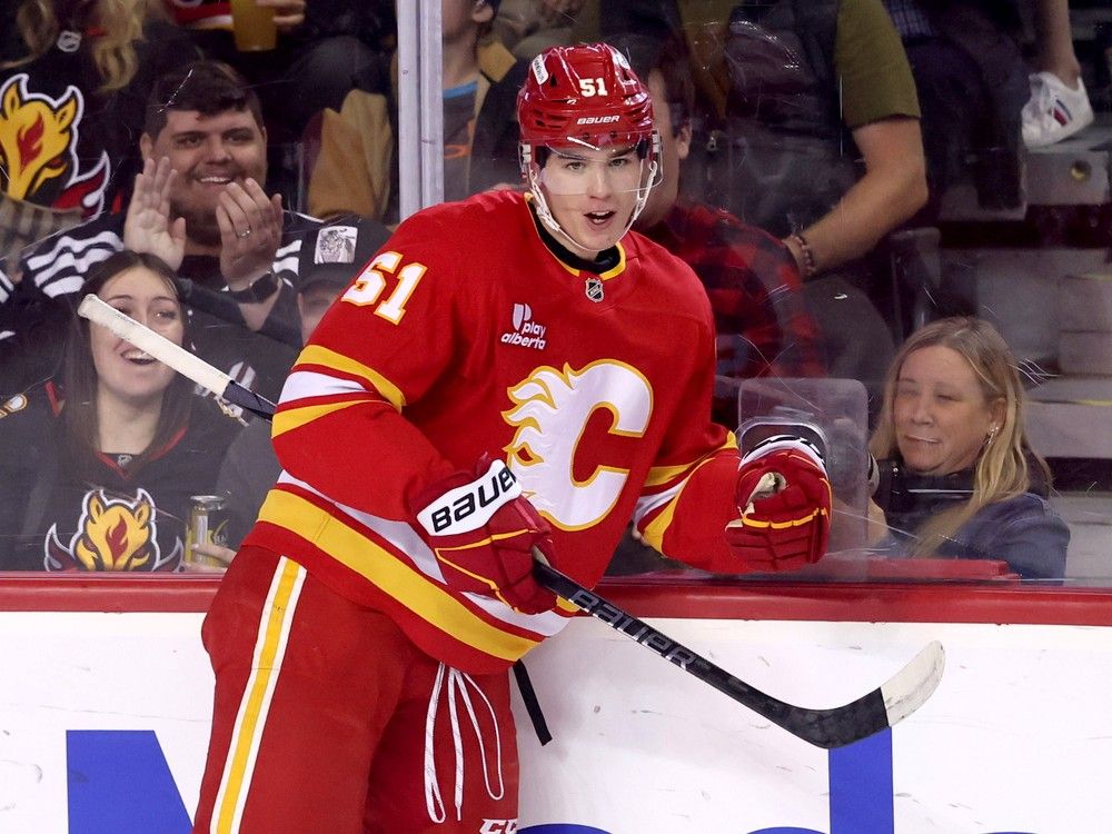 Calgary Flames prospect Matvei Gridin celebrates his goal against the Winnipeg Jets during pre-season action at the Scotiabank Saddledome in Calgary on Friday, Oct. 3, 2025.
