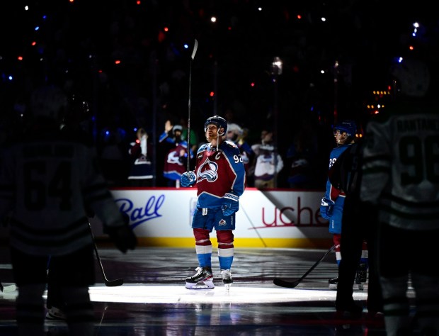 Colorado Avalanche left wing Gabriel Landeskog (92) acknowledges the fans while being introduced before the National Anthem for game three of the first round of the NHL playoffs against the Dallas Stars at Ball Arena in Denver on Wednesday, April 23, 2025. (Photo by Andy Cross/The Denver Post)