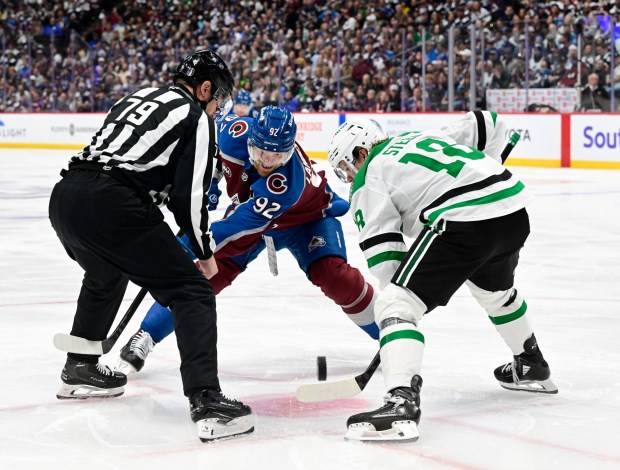 Colorado Avalanche left wing Gabriel Landeskog (92) and Dallas Stars center Sam Steel (18) face-off in the third period of game three of the first round of the NHL playoffs at Ball Arena in Denver on Wednesday, April 23, 2025. (Photo by Andy Cross/The Denver Post)