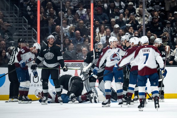 Colorado Avalanche players celebrate a goal by left wing Artturi...