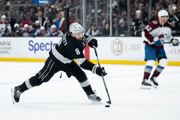 Kings defenseman Drew Doughty shoots the puck during the second...